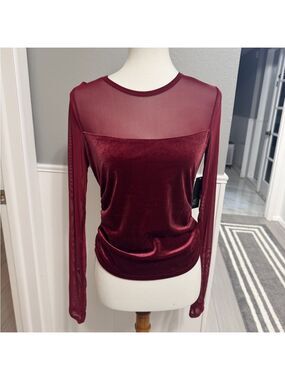 NWT Wild Fable Burgundy Velvet with Sheer Sleeves Top Size M